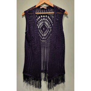 Navy Crochet Open Knit Open Long Fringed Cardigan Vest Hippie Festival Sz M